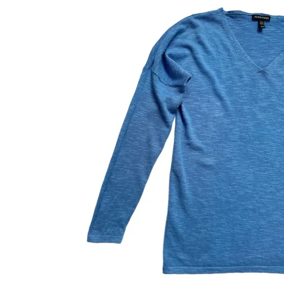 Eileen Fisher Organic Cotton Linen Blue V Neck Pull over, XS - Picture 3 of 7